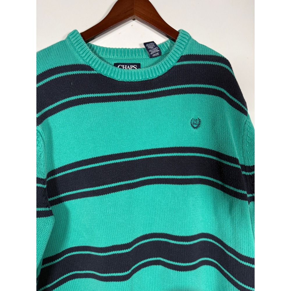 Chaps Mens Green Navy Blue Striped Cotton Crewneck Sweater Large Pullover